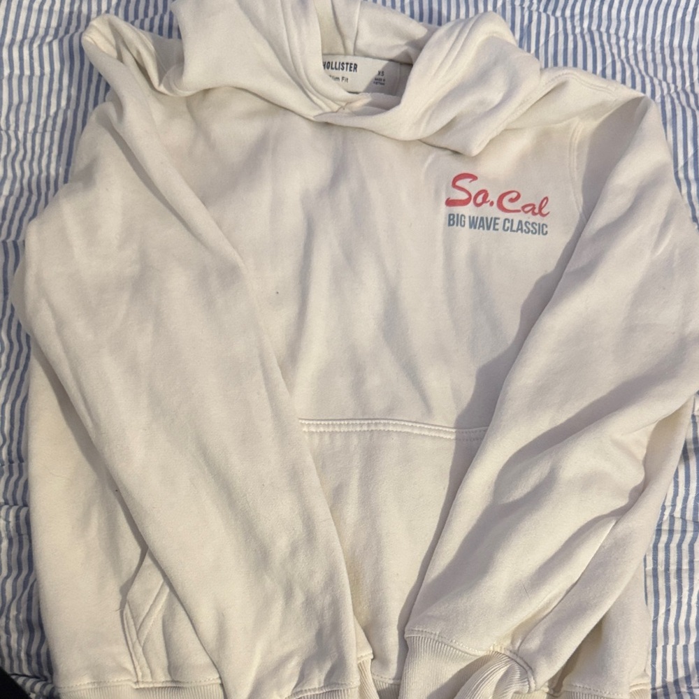 Hollister Cream Hoodie with Pink and Blue Text